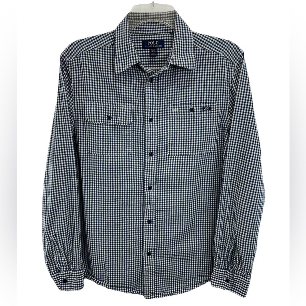 Polo Ralph Lauren Boys Button Down Shirt XL 18-20 Dark Blue White Check Cotton